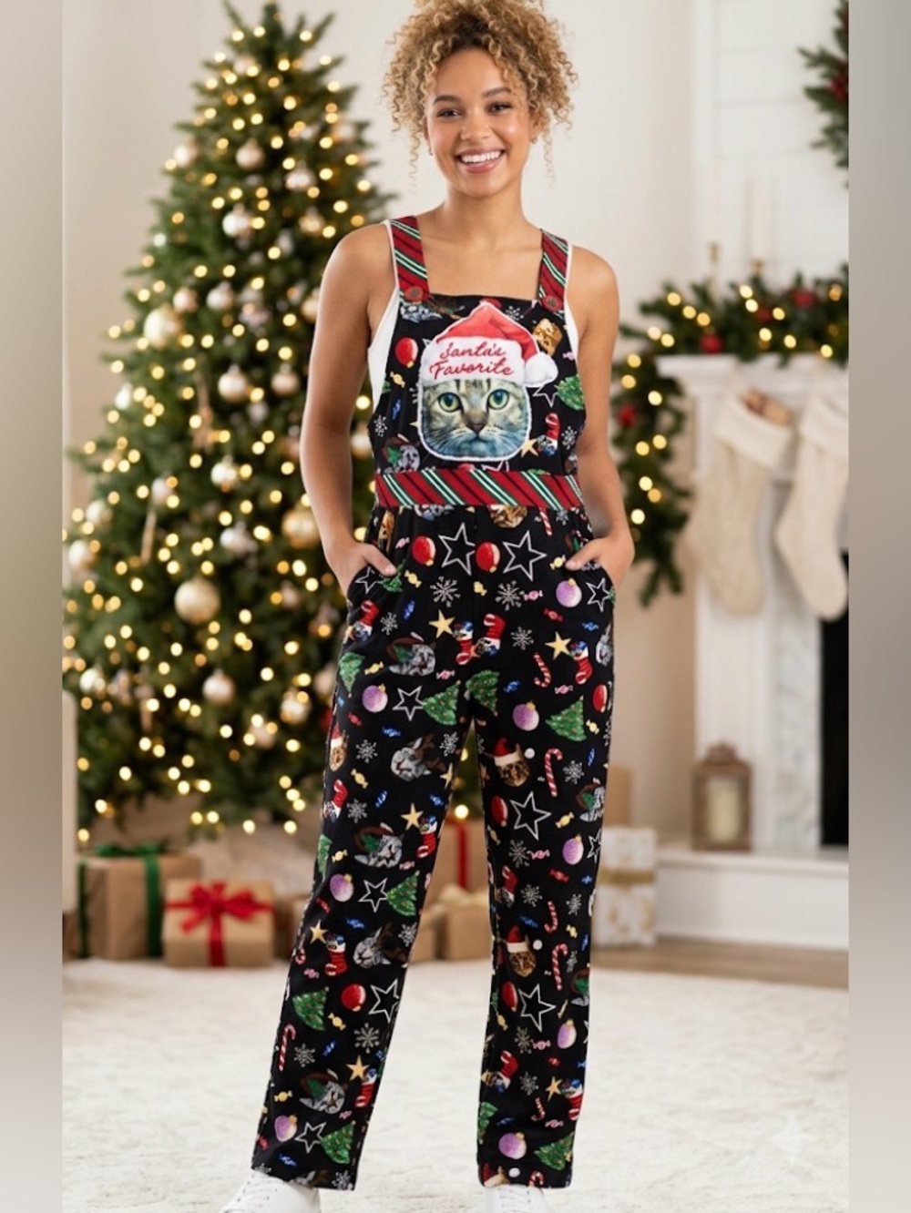 Holiday Cat Print Pajama Overalls